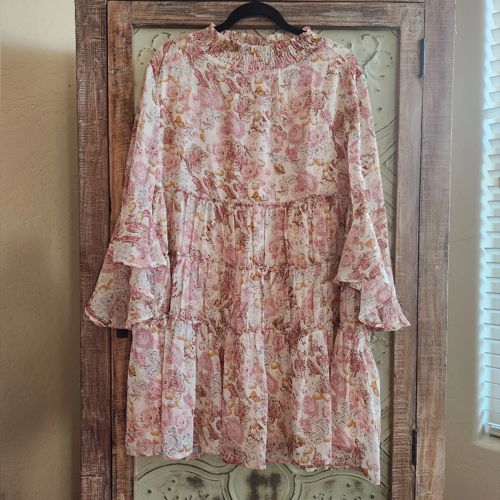 Fleastyle Tiered Sheer Floral Ruffled Bell Sleeves Mini Dress | XL